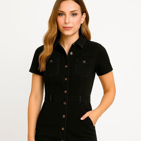 Hot Kiss Black Denim Button-Up Short Sleeve Mini Dress Vintage Y2K Size Med - Picture 2 of 5